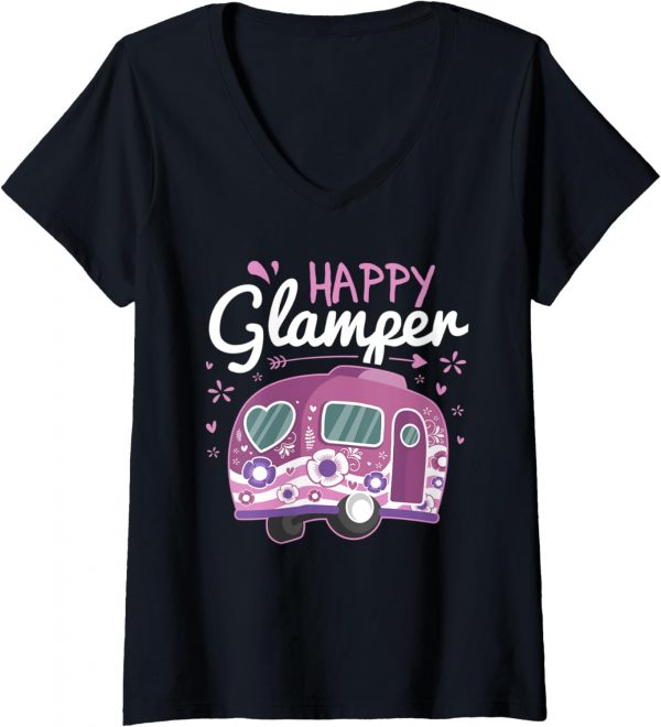 Womens Happy Glamper Caravan Camping Glamping Gear V-neck T-shirt