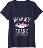 Womens Mommy Shark Funny Mom V-neck T-shirt