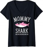 Womens Mommy Shark Funny Mom V-neck T-shirt